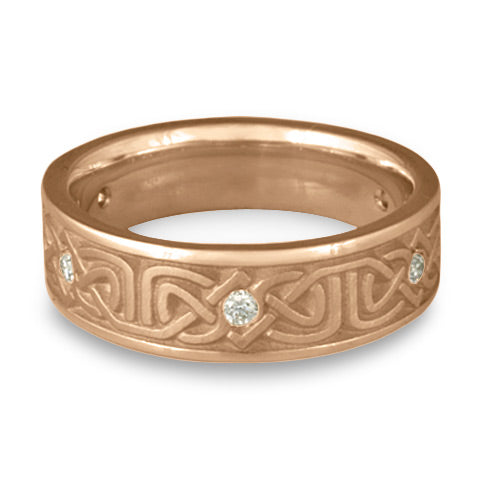 Narrow Labyrinth Celtic wedding band with diamond accents in 18K rose gold