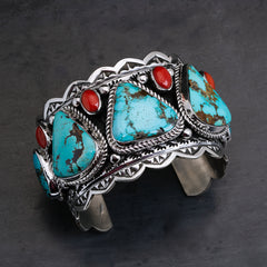 One-of-a-Kind Turquoise and Coral Sterling Silver Cuff